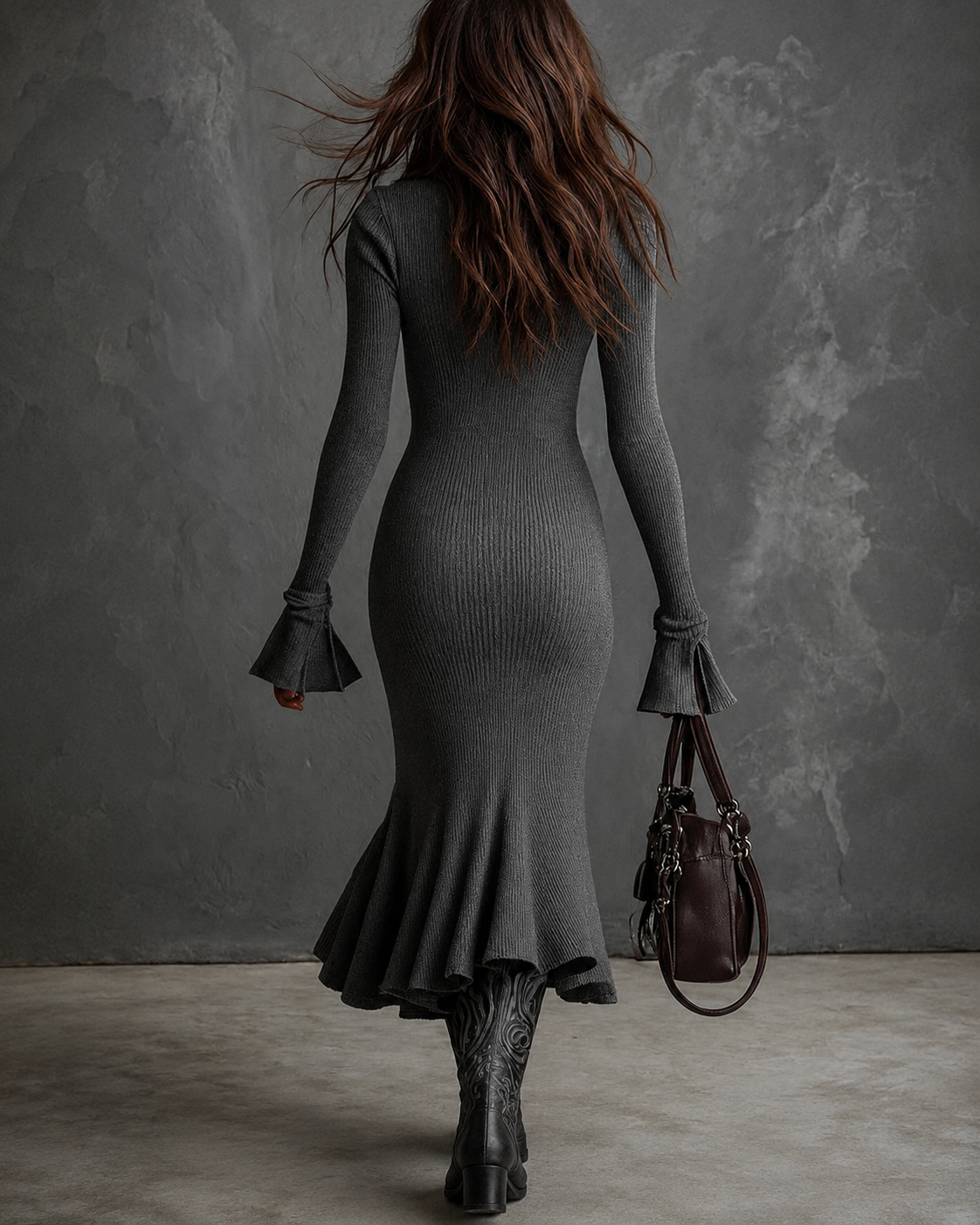 Vestido midi de punto con cuello con cremallera retro y mangas acampanadas