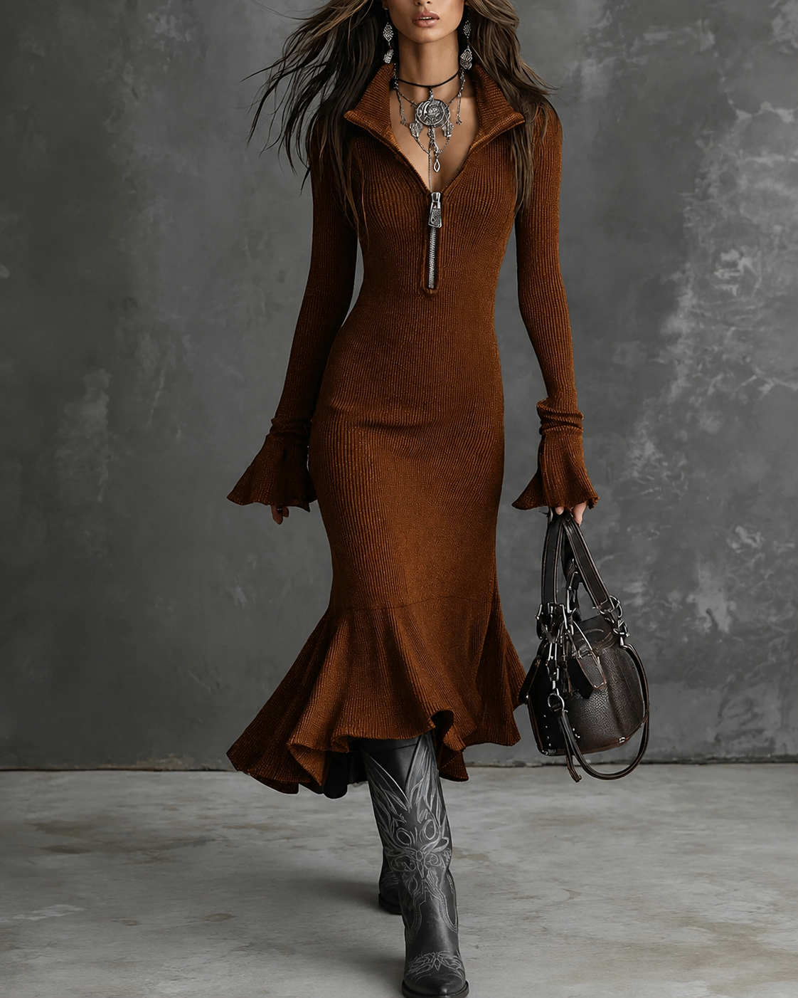 Vestido midi de punto con cuello con cremallera retro y mangas acampanadas